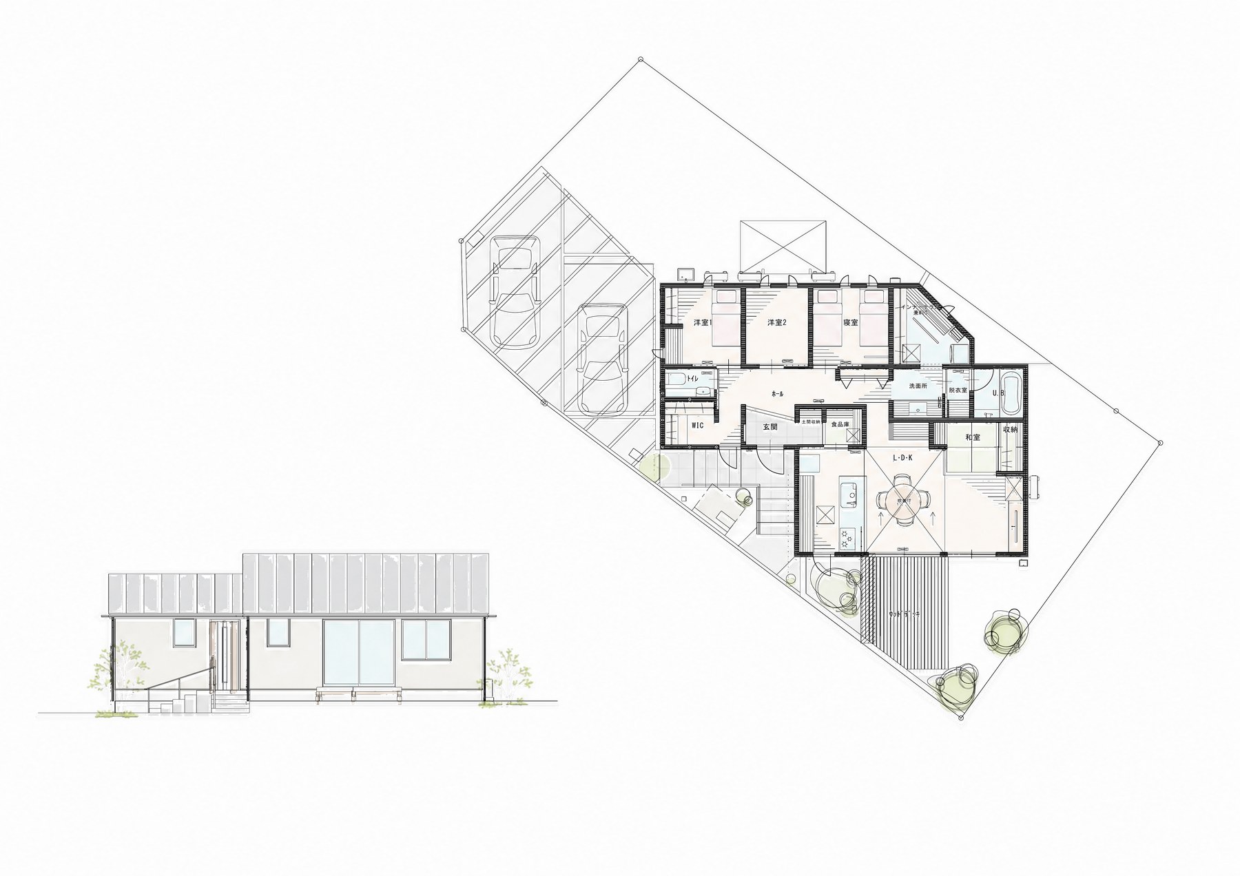 姫路で建てた平屋の間取り図(小上がり和室とウッドデッキの平屋)