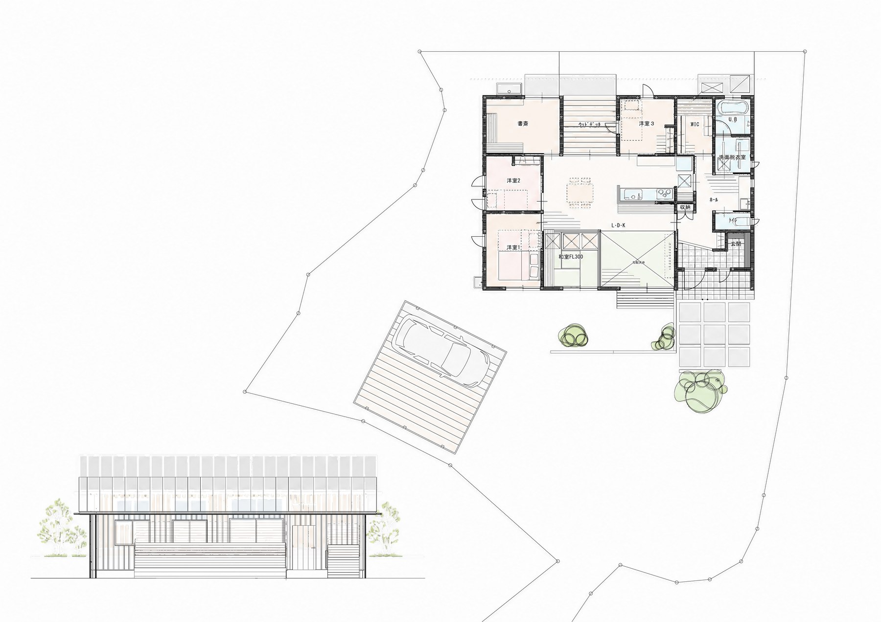 姫路で建てた平屋の間取り図(焼杉の外観と書斎のある平屋)