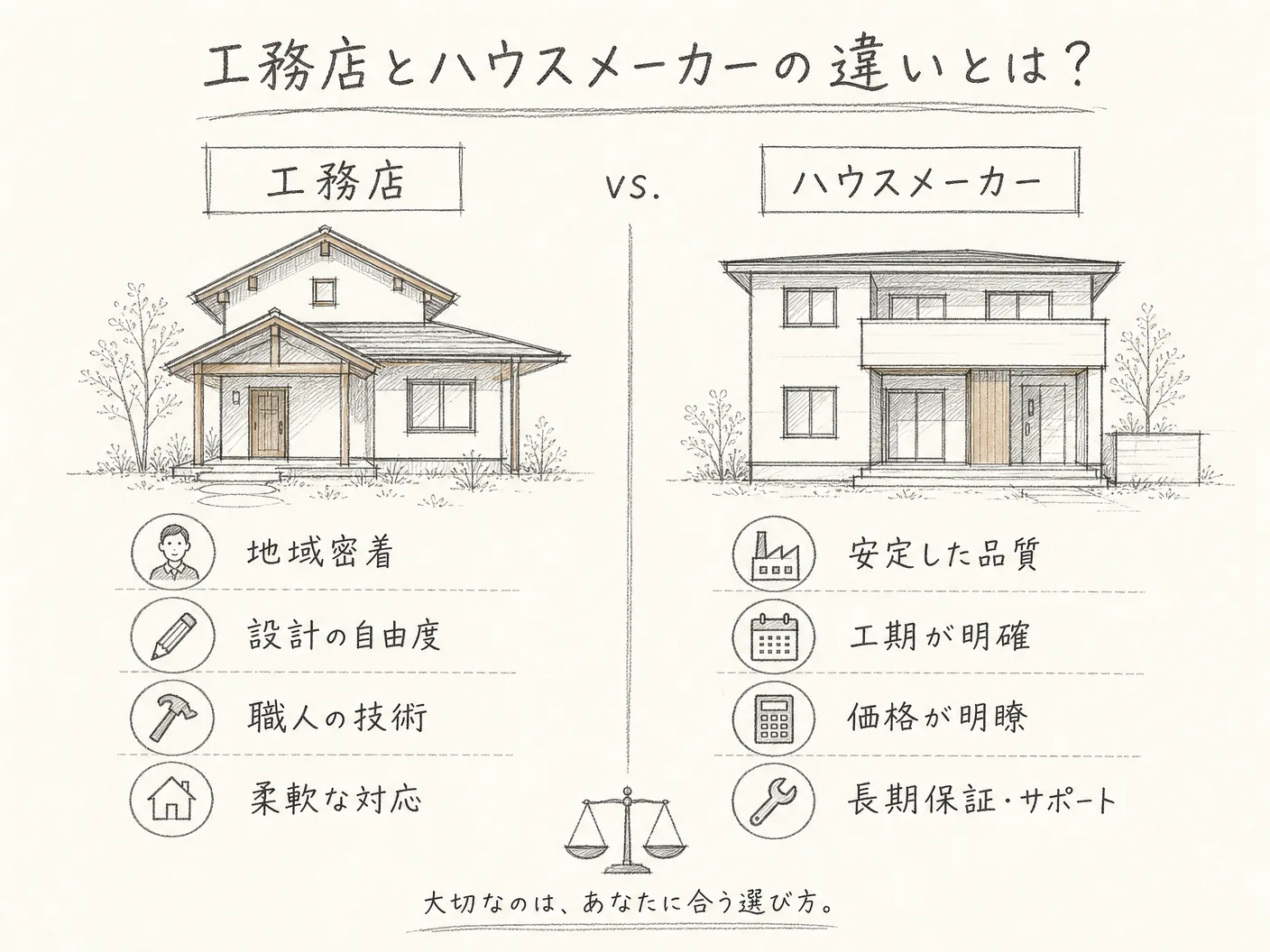 姫路 選び方の工務店とハウスメーカーの違いとは?を表す図解イラスト