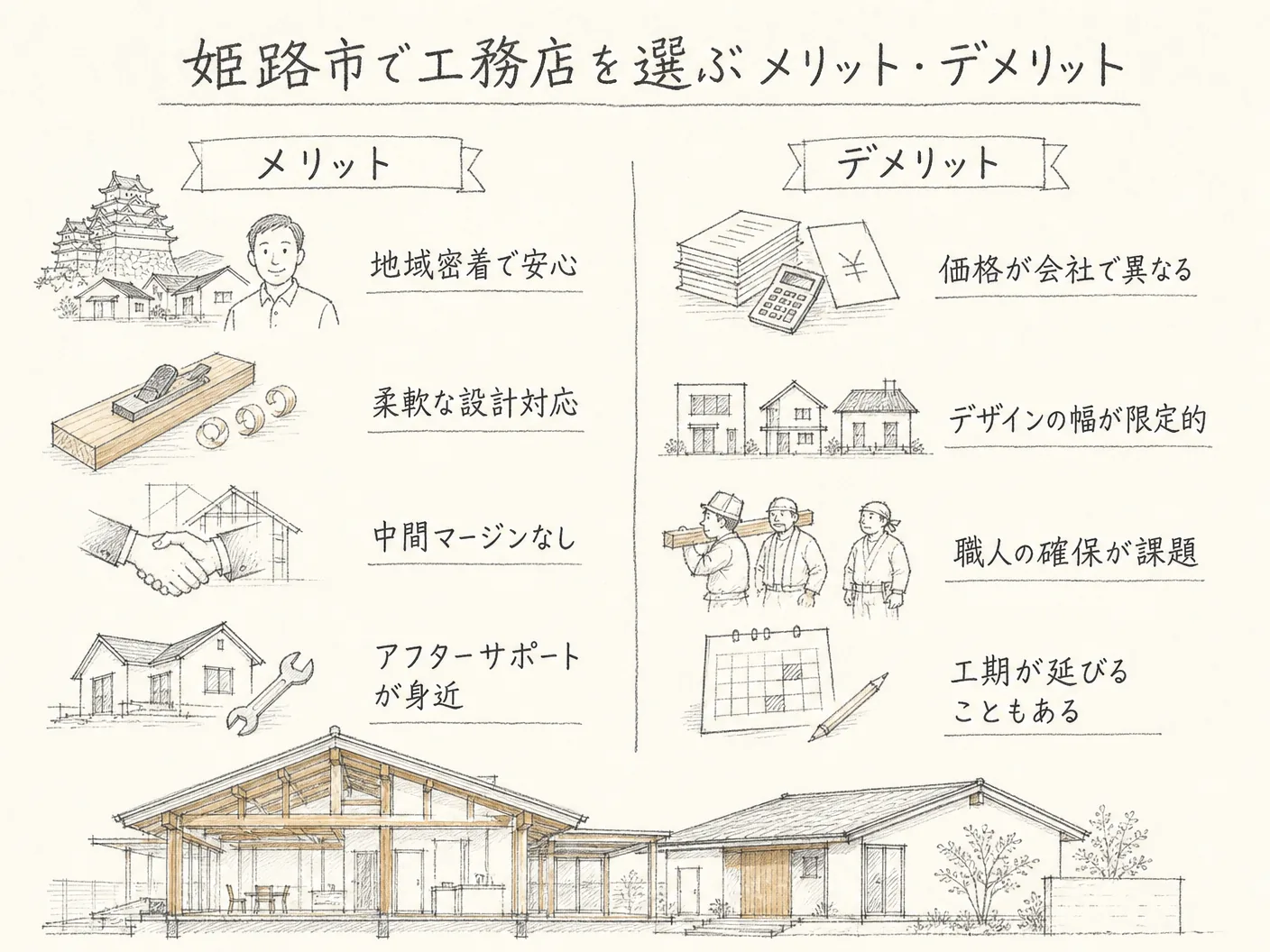 選び方の姫路市で工務店を選ぶメリット・デメリットを表す図解イラスト