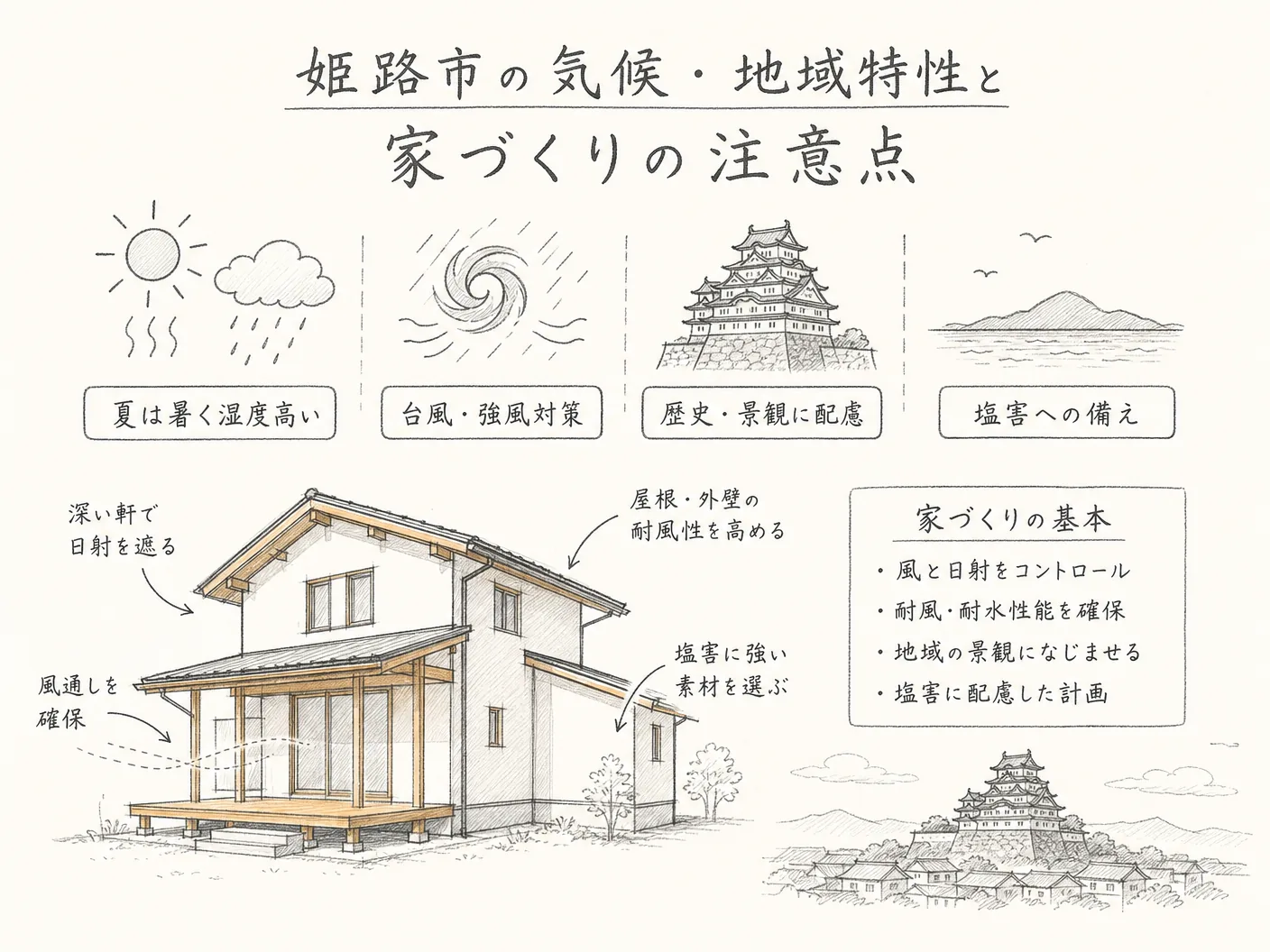 工務店 選び方の姫路市の気候・地域特性と家づくりの注意点を表す図解イラスト
