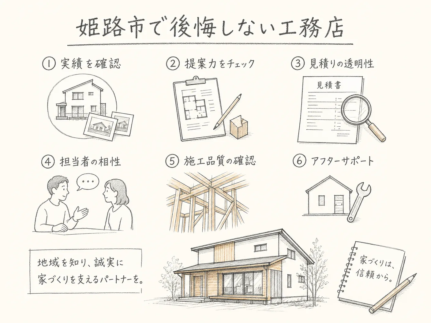 姫路市で後悔しない工務店の選び方6つのポイントを表す図解イラスト