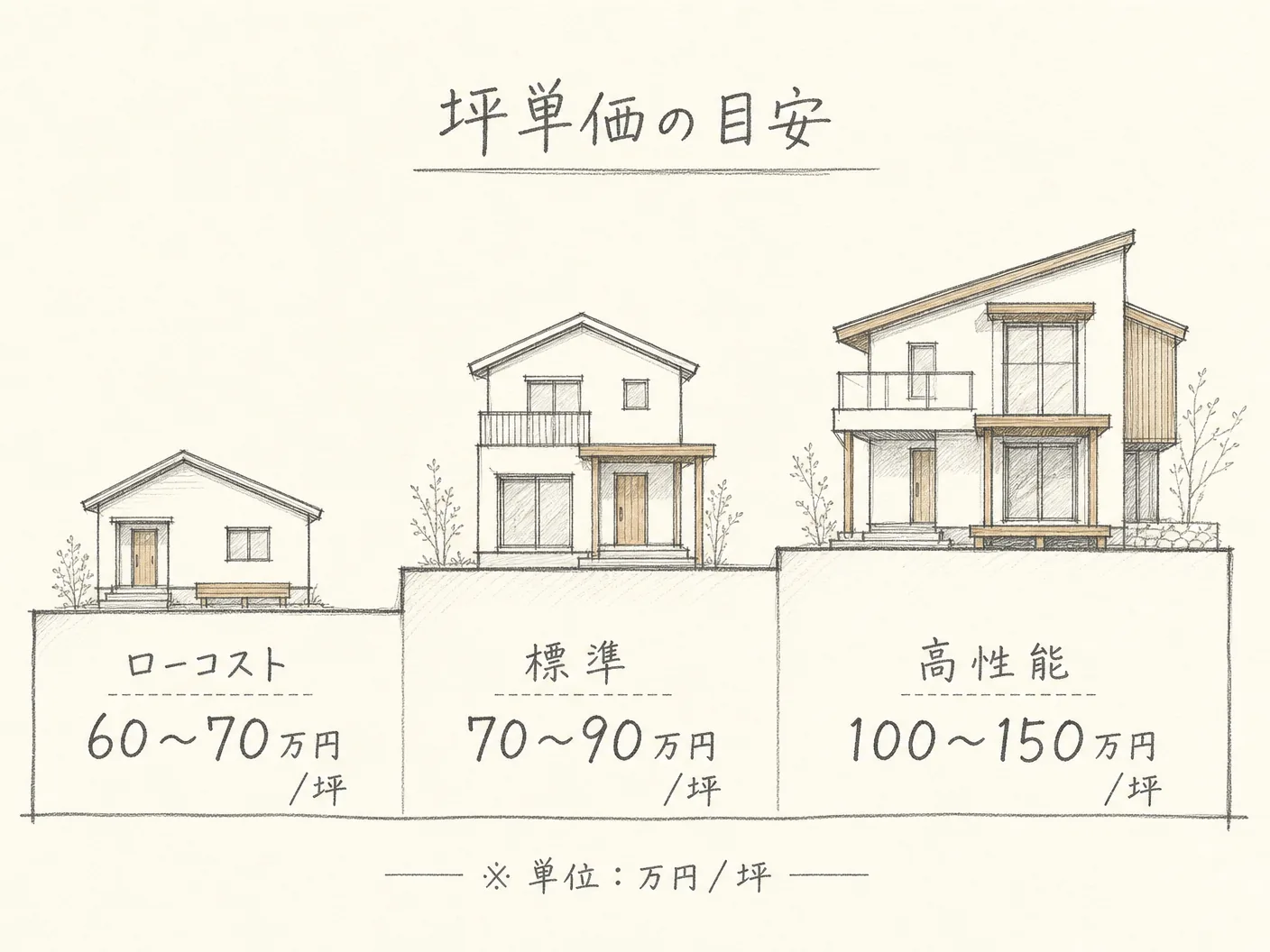 姫路の工務店の坪単価の目安(ローコスト60〜70・標準70〜90・高性能100〜150万円/坪)
