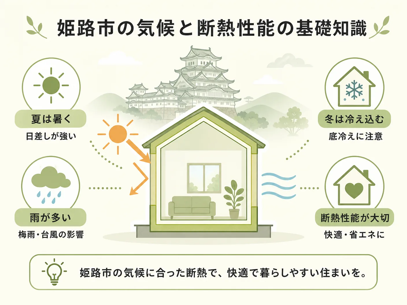 注文住宅の姫路市の気候と断熱性能の基礎知識を表す図解イラスト