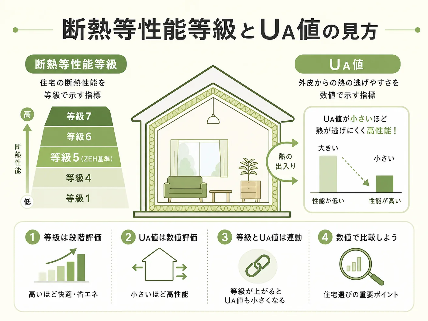 姫路 注文住宅 断熱性能の断熱等性能等級とUA値の見方を表す図解イラスト