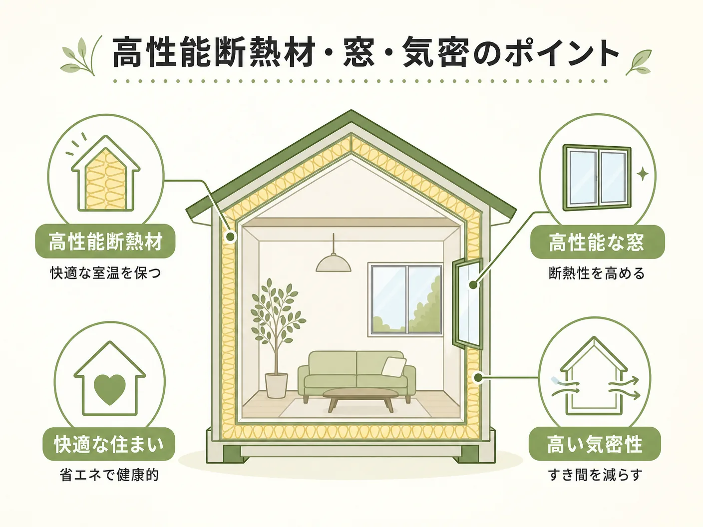 姫路 注文住宅 断熱性能の高性能断熱材・窓・気密のポイントを表す図解イラスト