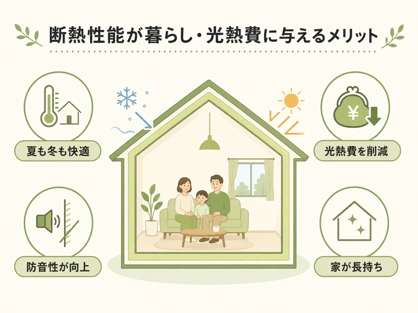 姫路 注文住宅の断熱性能が暮らし・光熱費に与えるメリットを表す図解イラスト