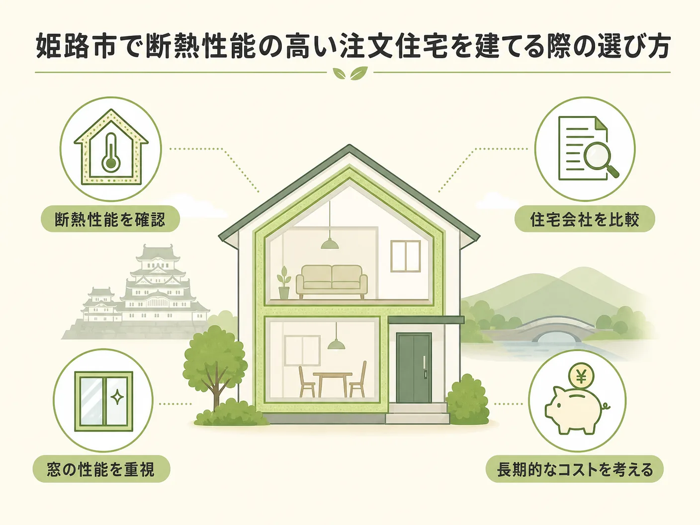 姫路市で断熱性能の高い注文住宅を建てる際の選び方を表す図解イラスト
