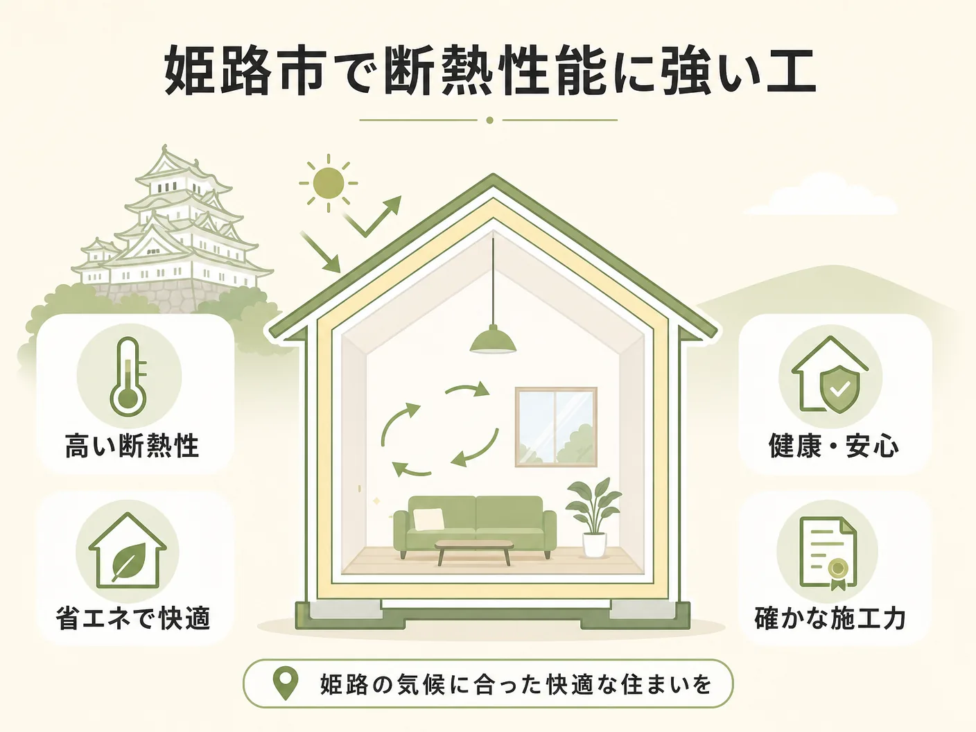 注文住宅の姫路市で断熱性能に強い工務店・ハウスメーカーを表す図解イラスト