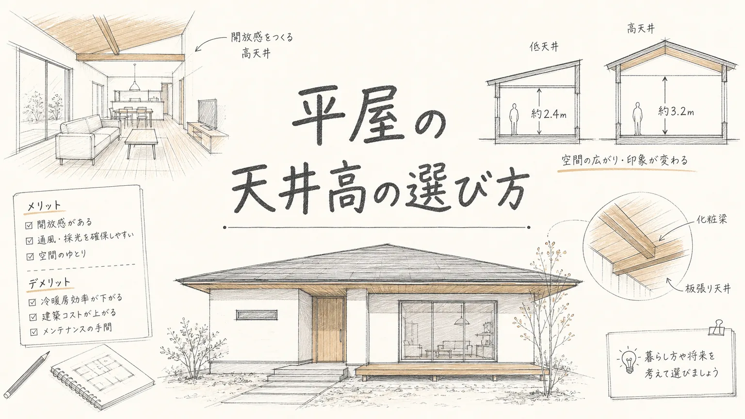 姫路で平屋新築を検討する前に知りたい天井高の選び方｜メリット・デメリットを解説のアイキャッチ画像