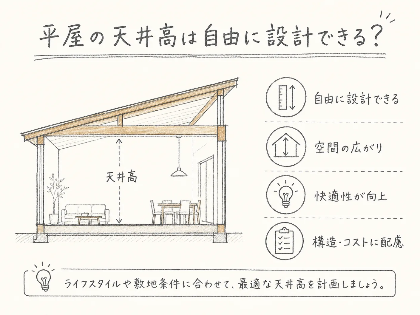 姫路 平屋 新築の平屋の天井高は自由に設計できるを表す図解イラスト