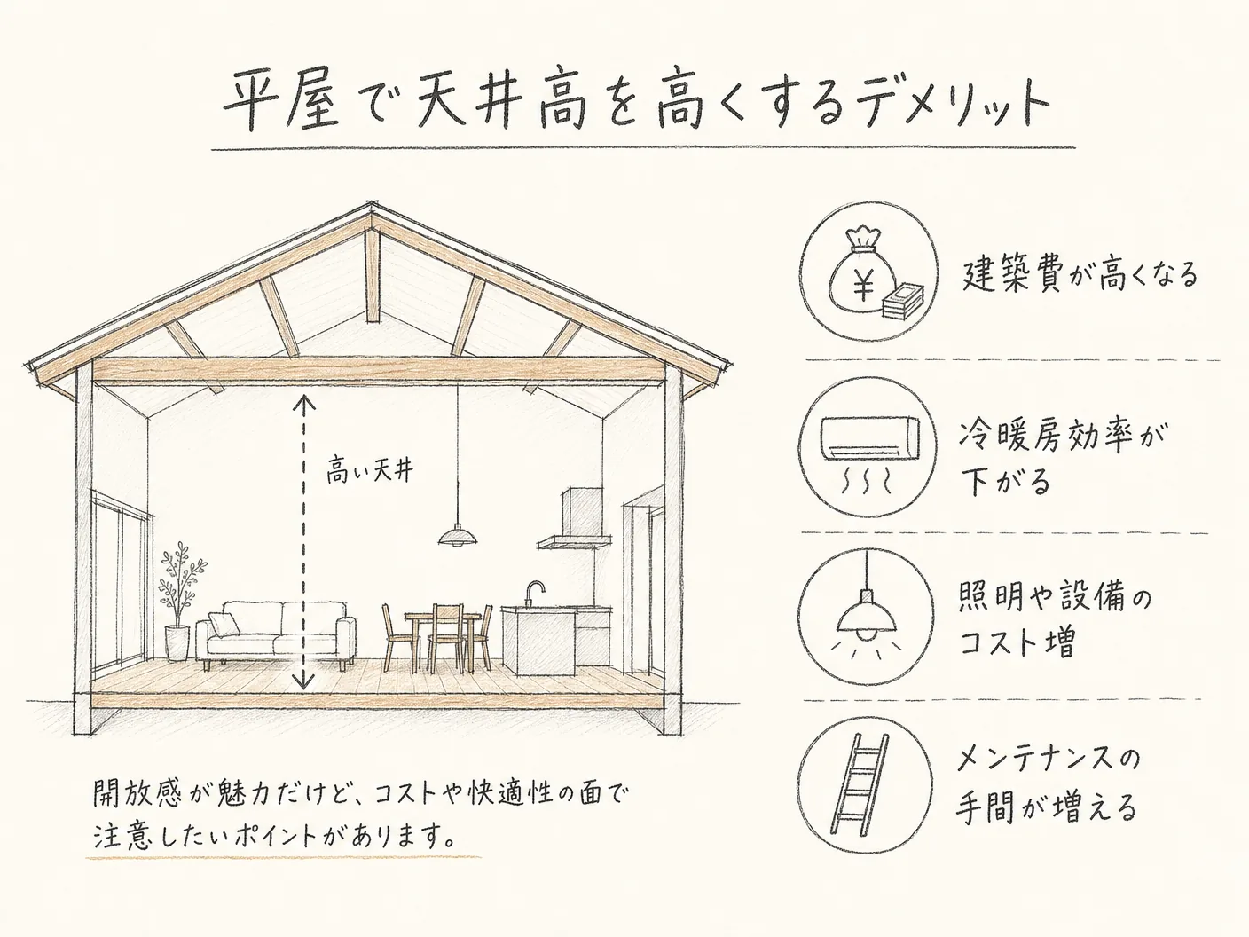 姫路 平屋 新築の平屋で天井高を高くするデメリットを表す図解イラスト