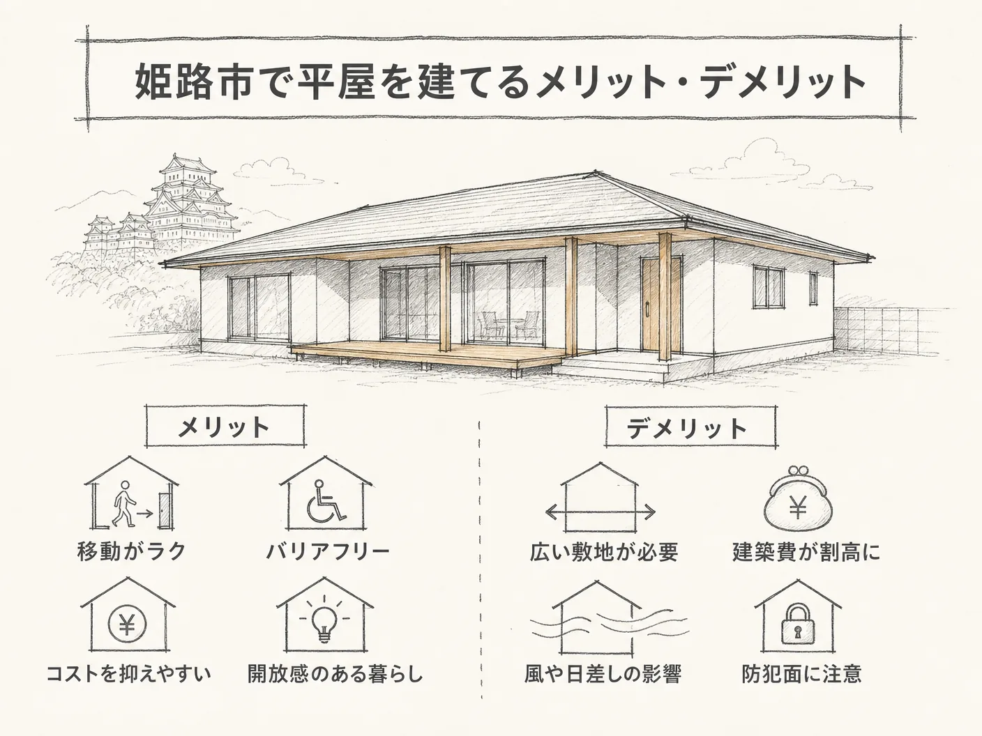 間取りの姫路市で平屋を建てるメリット・デメリットを表す図解イラスト