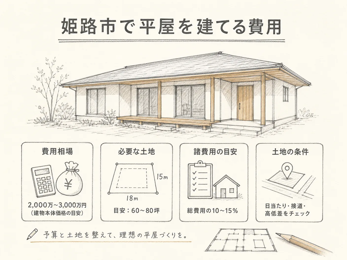 間取りの姫路市で平屋を建てる費用相場と必要な土地を表す図解イラスト