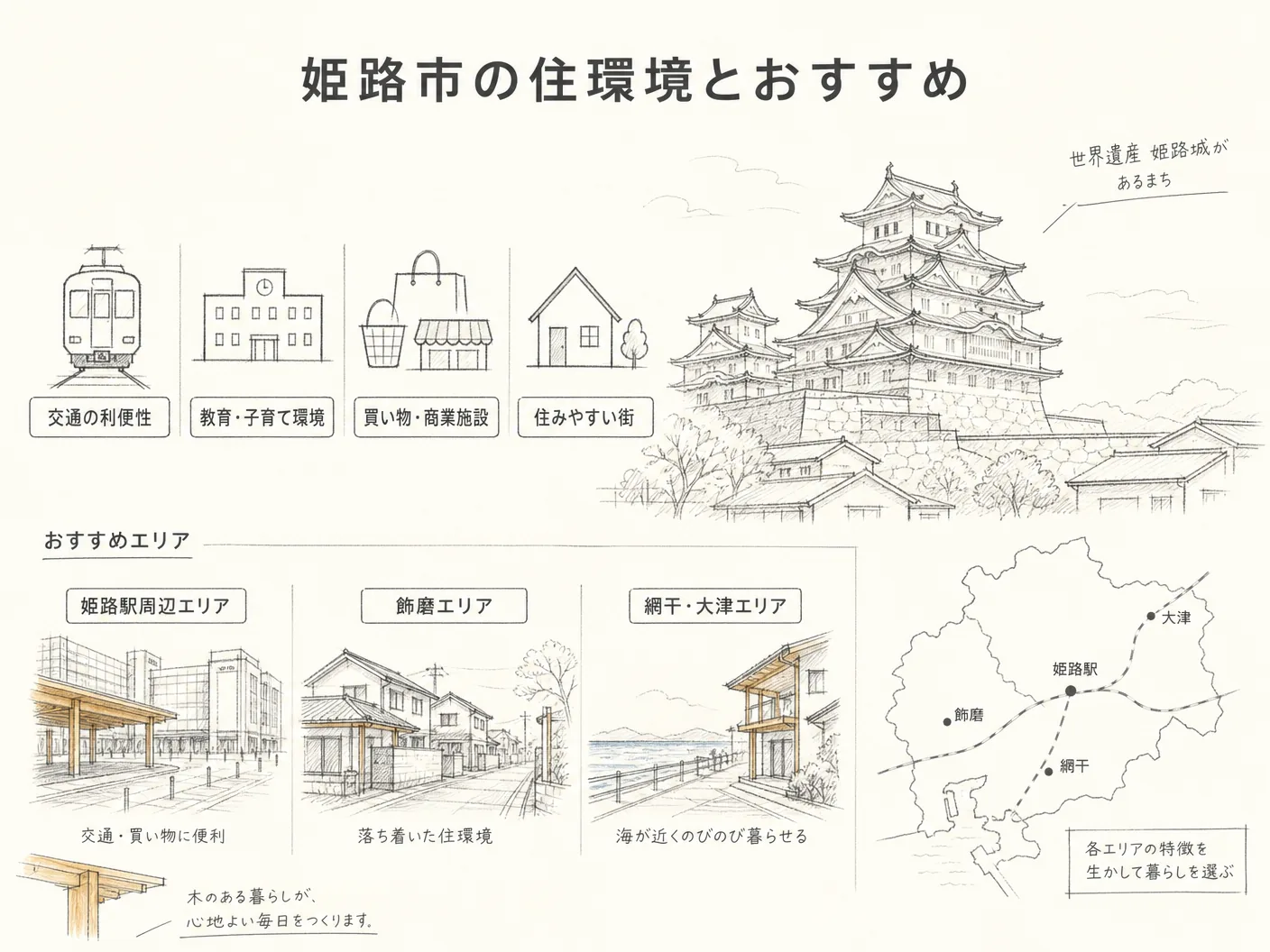 平屋 間取りの姫路市の住環境とおすすめエリアを表す図解イラスト