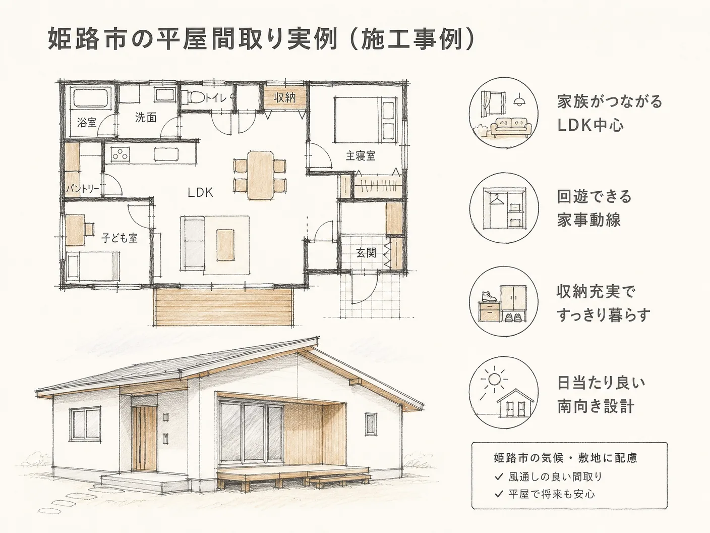 姫路市の平屋間取り実例(施工事例)を表す図解イラスト