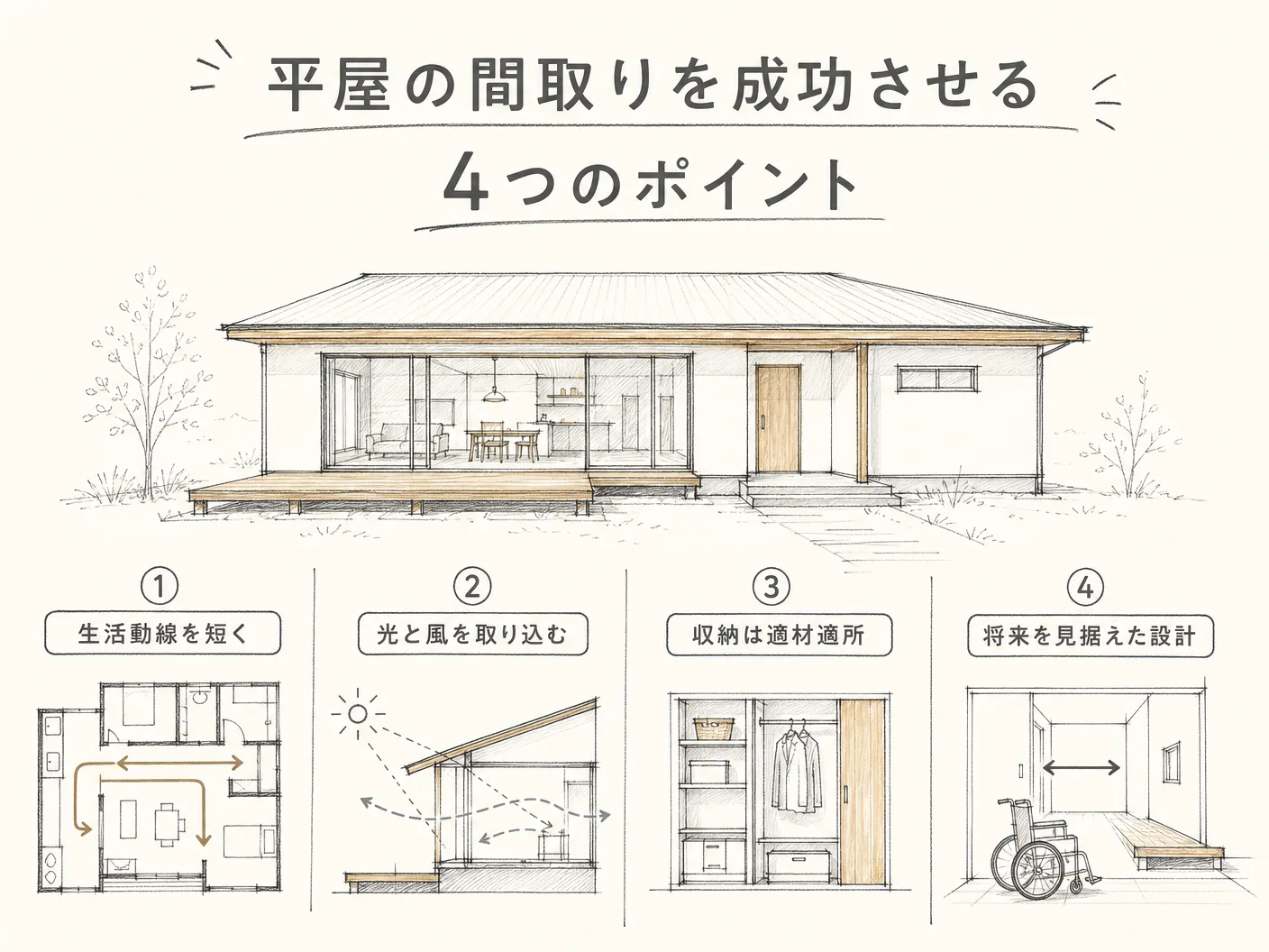 姫路の平屋の間取りを成功させる4つのポイントを表す図解イラスト