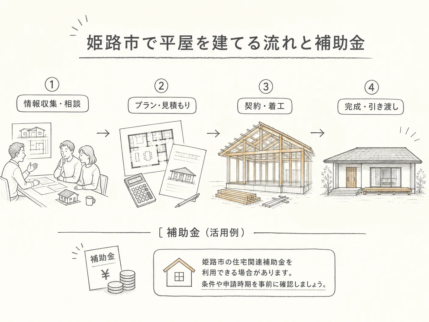 間取りの姫路市で平屋を建てる流れと補助金を表す図解イラスト