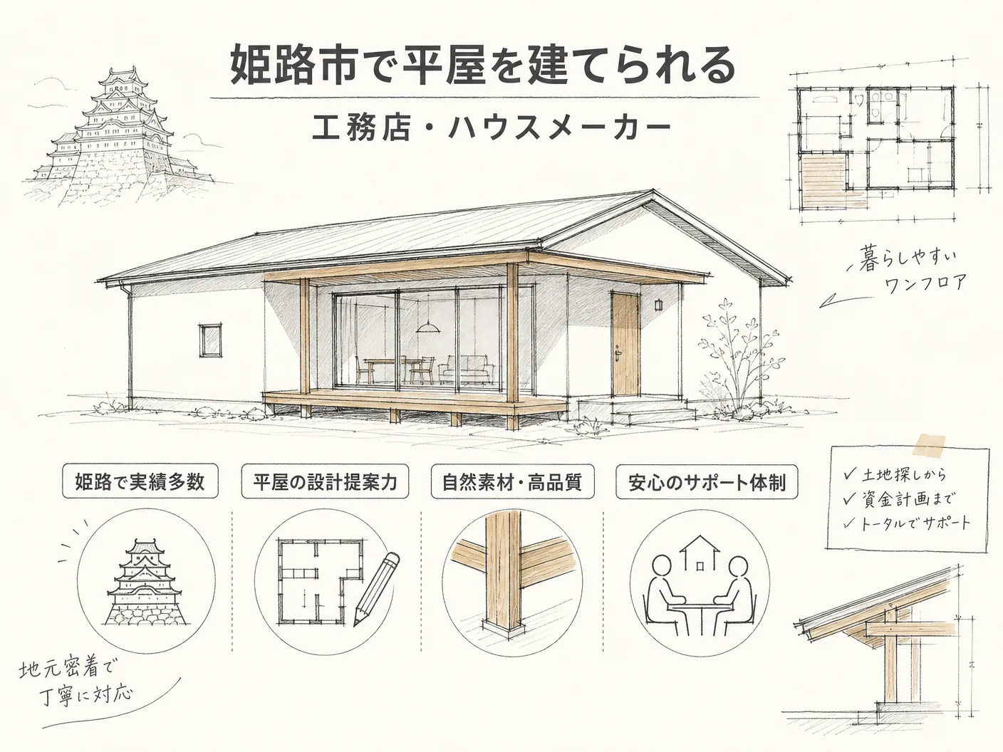 間取りの姫路市で平屋を建てられる工務店・ハウスメーカーを表す図解イラスト