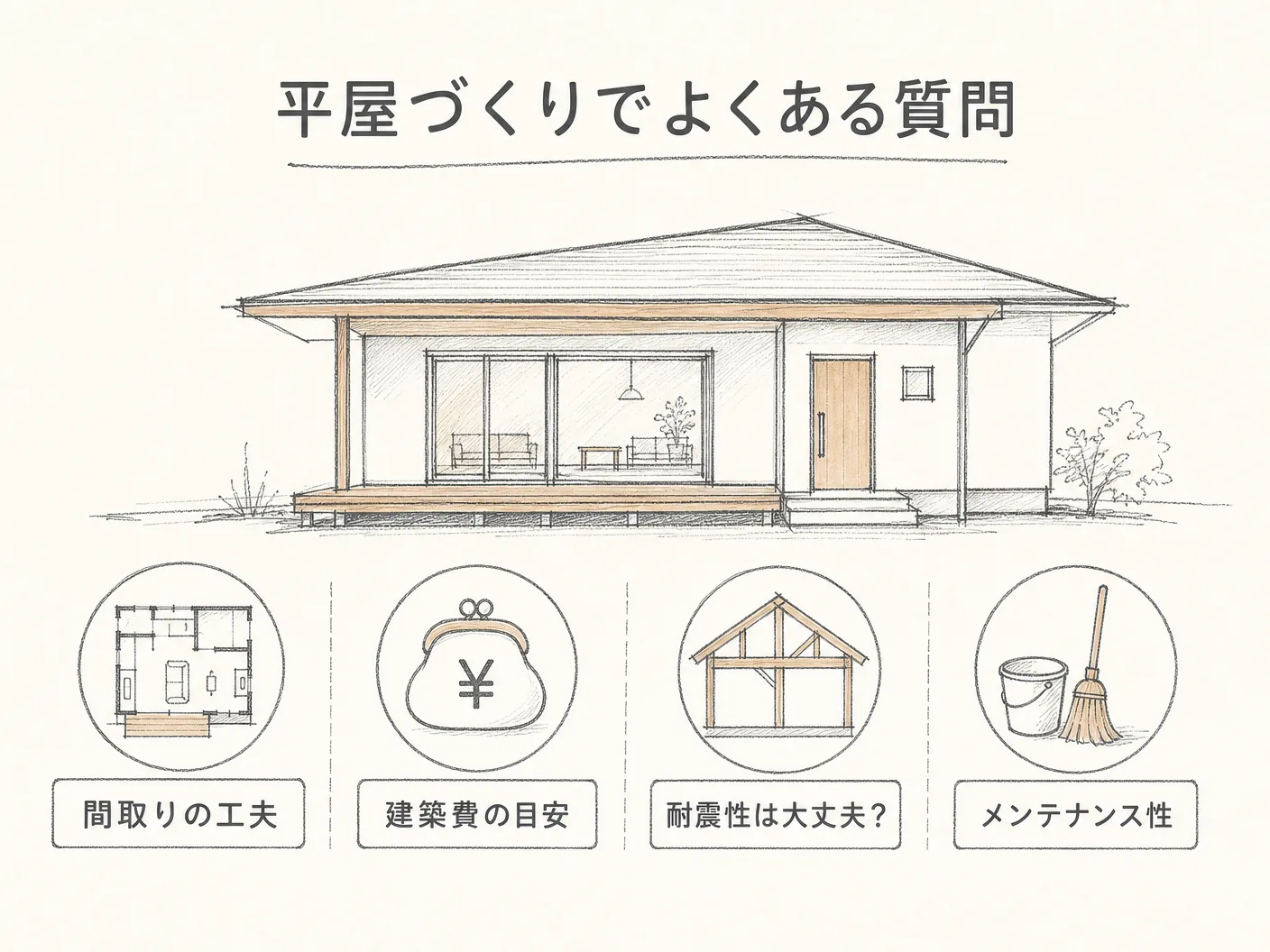 姫路 間取りの平屋づくりでよくある質問を表す図解イラスト