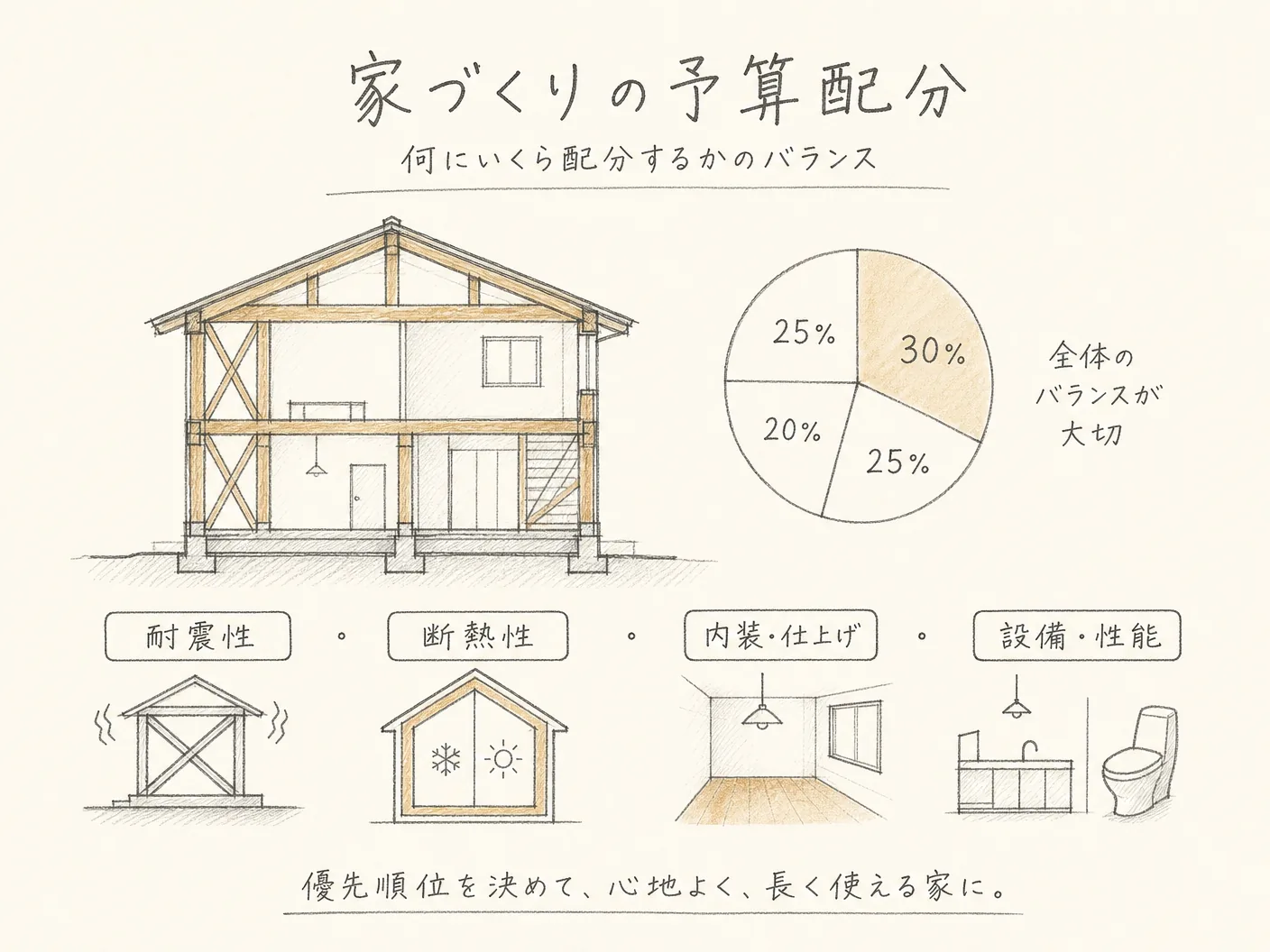 姫路 地震対策 家の家づくりの予算配分を表す図解イラスト