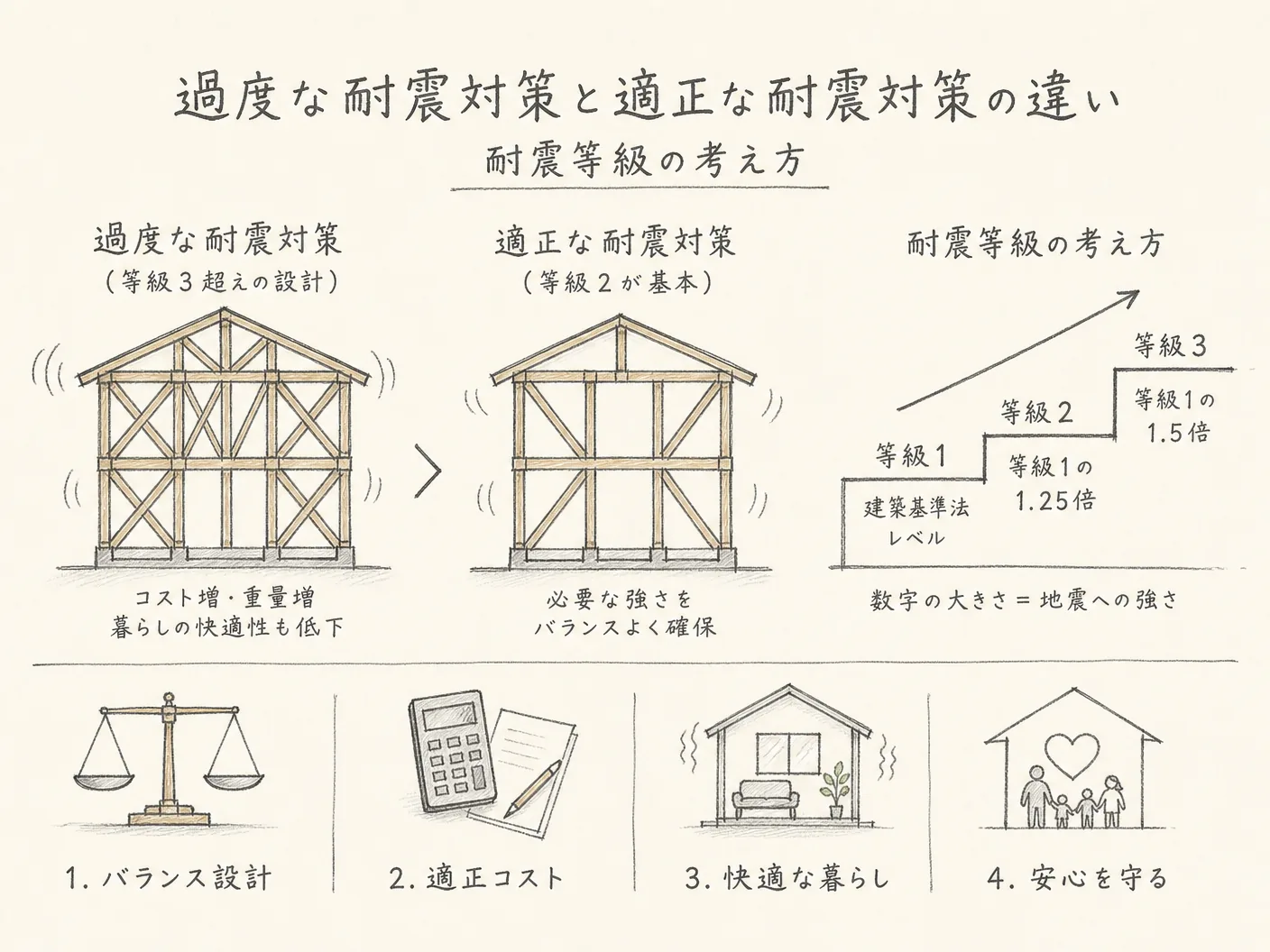 姫路 地震対策 家の過度な耐震対策と適正な耐震対策の違いを表す図解イラスト