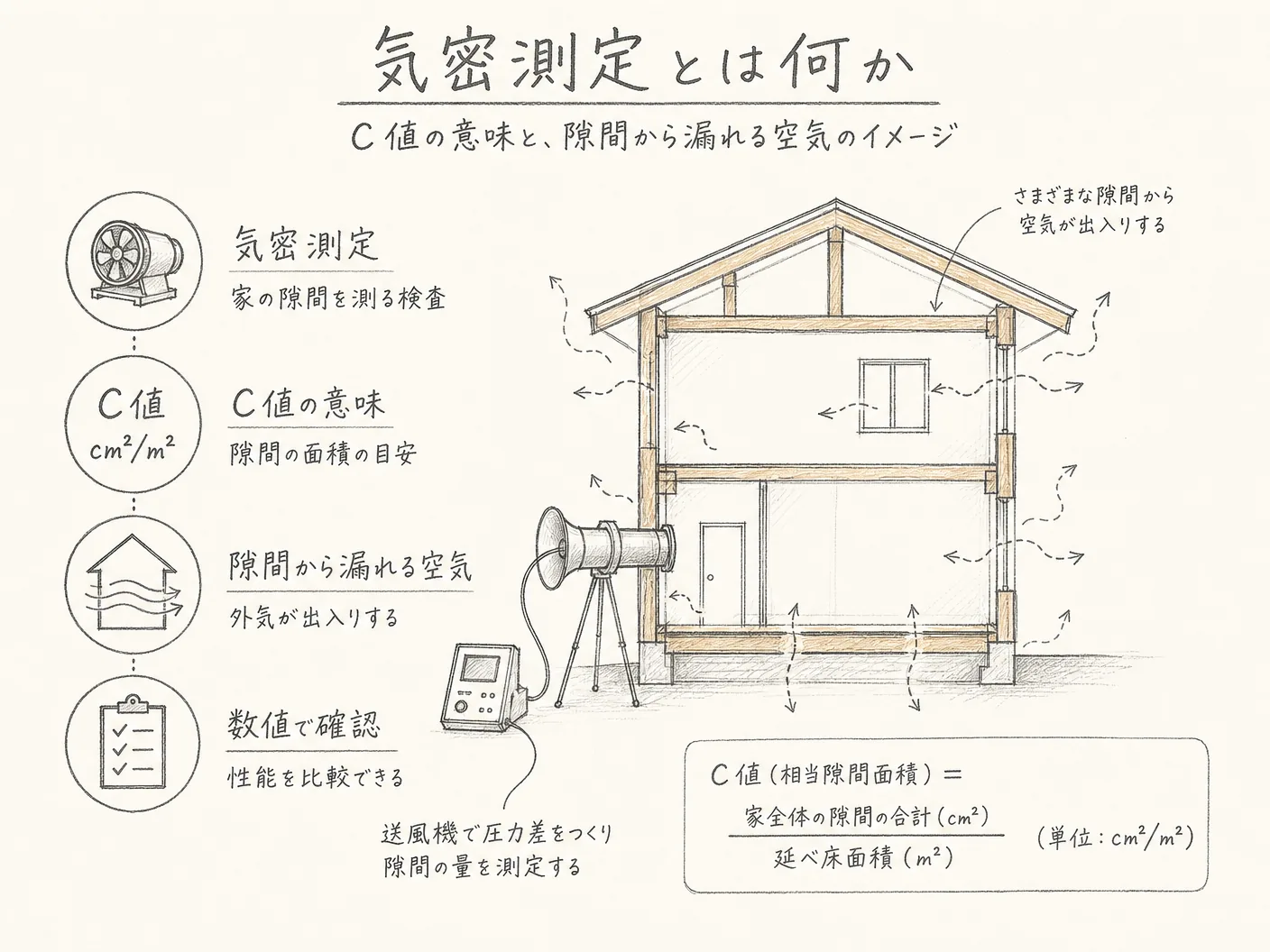 姫路 気密測定の気密測定とは何かを表す図解イラスト