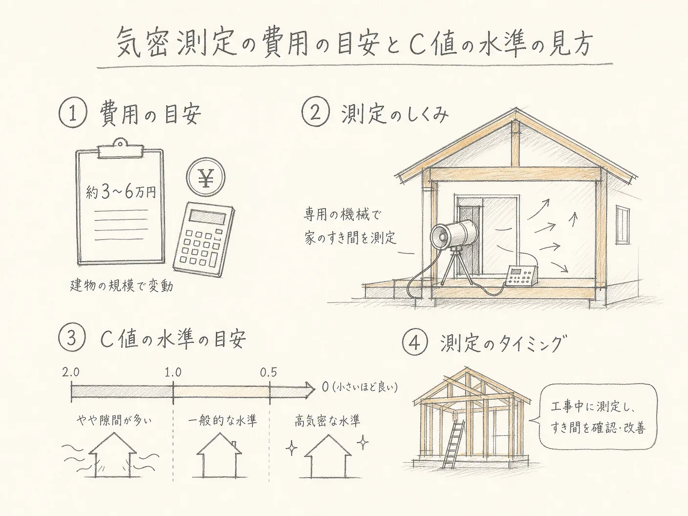 姫路 気密測定の気密測定の費用の目安とC値の水準の見方を表す図解イラスト
