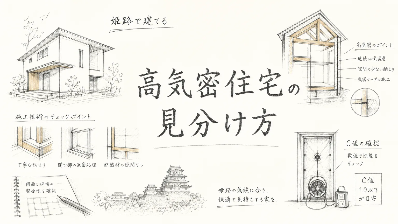 姫路で高気密住宅を建てる工務店の見分け方｜C値と施工技術の確認ポイントのアイキャッチ画像