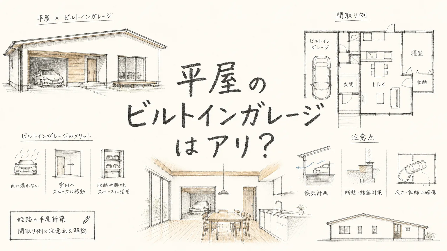 姫路の平屋新築にビルトインガレージはアリ？間取り例と注意点を解説のアイキャッチ画像