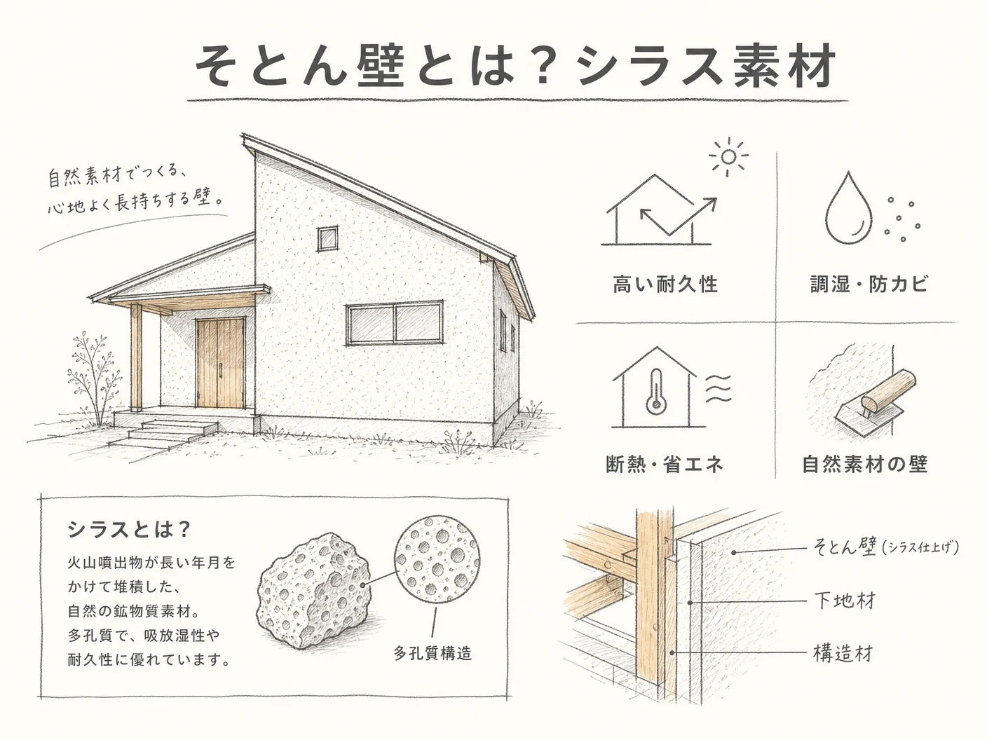 そとん壁とは?シラス素材の基礎知識を表す図解イラスト
