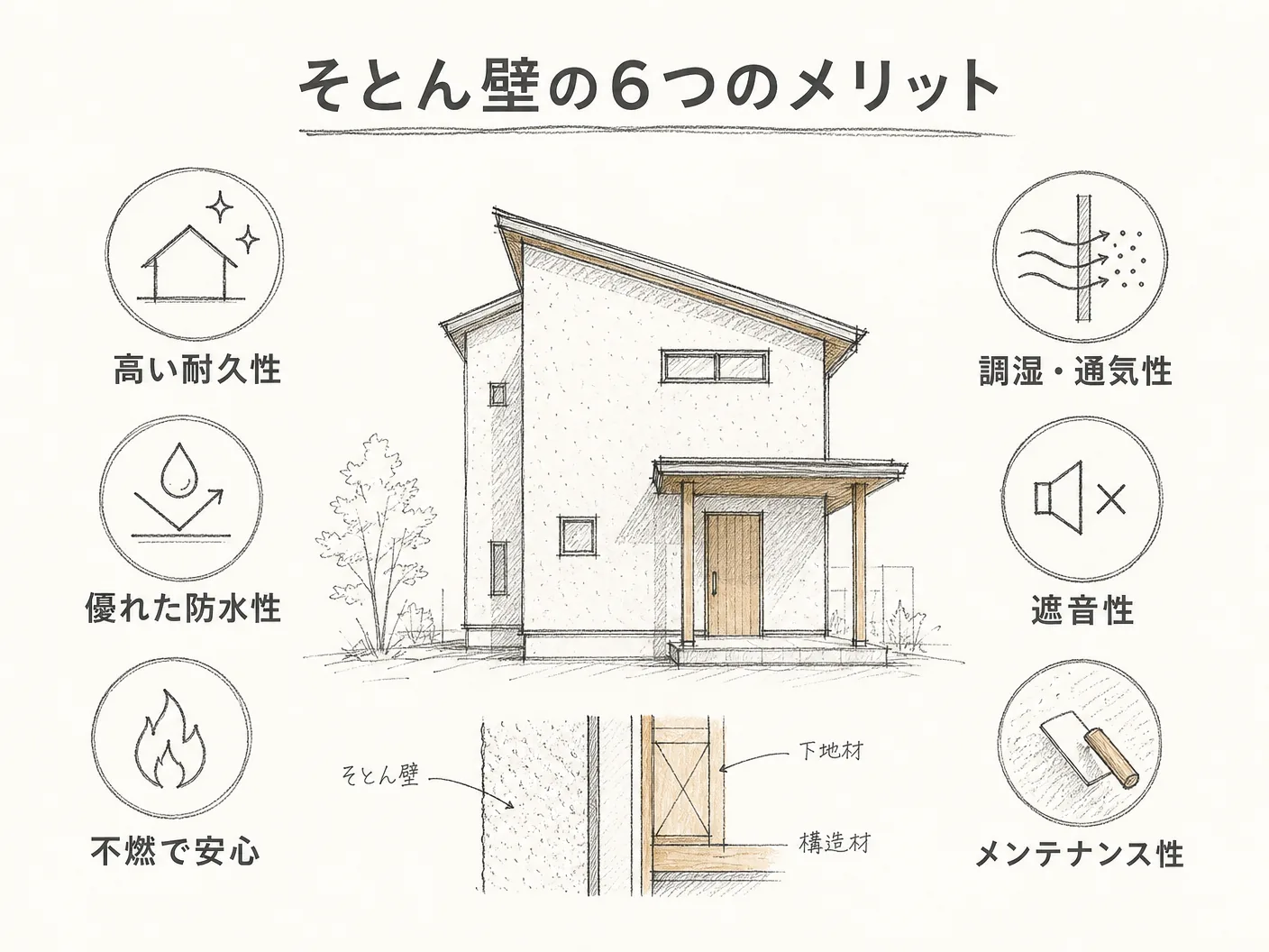 そとん壁の6つのメリットを表す図解イラスト