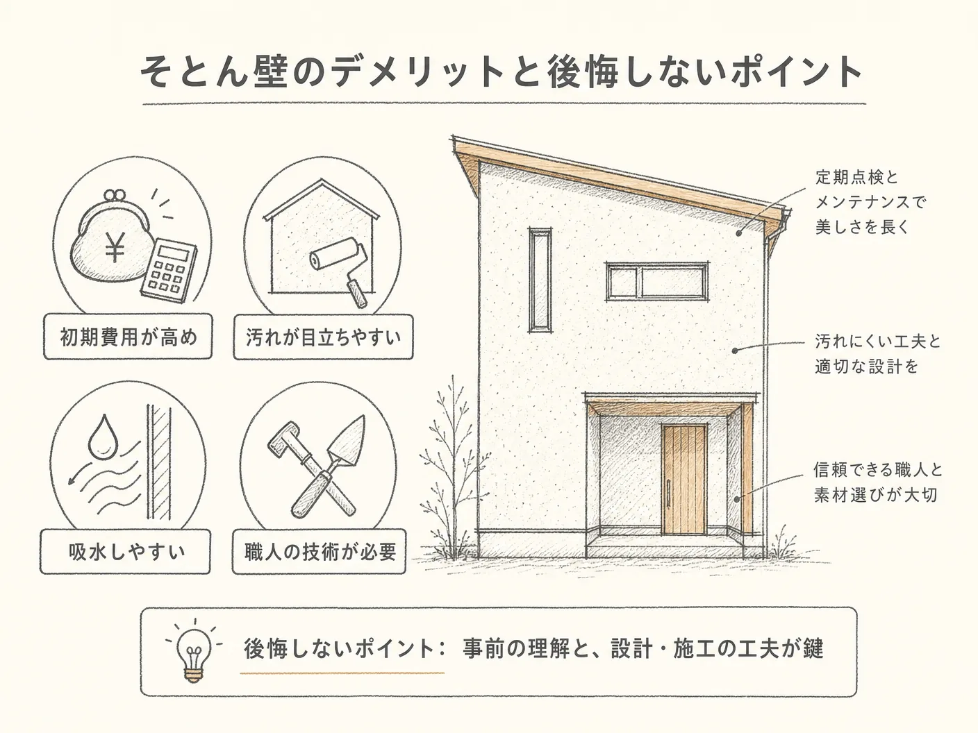 そとん壁のデメリットと後悔しないポイントを表す図解イラスト