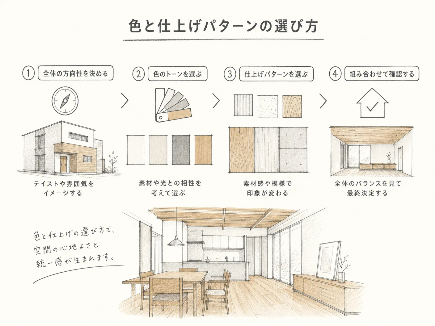 そとん壁の色と仕上げパターンの選び方を表す図解イラスト