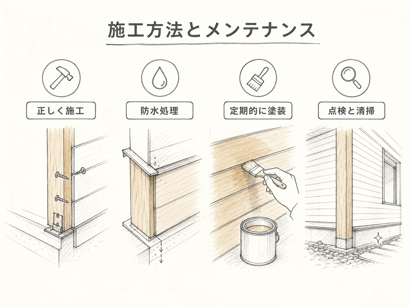 そとん壁の施工方法とメンテナンスを表す図解イラスト