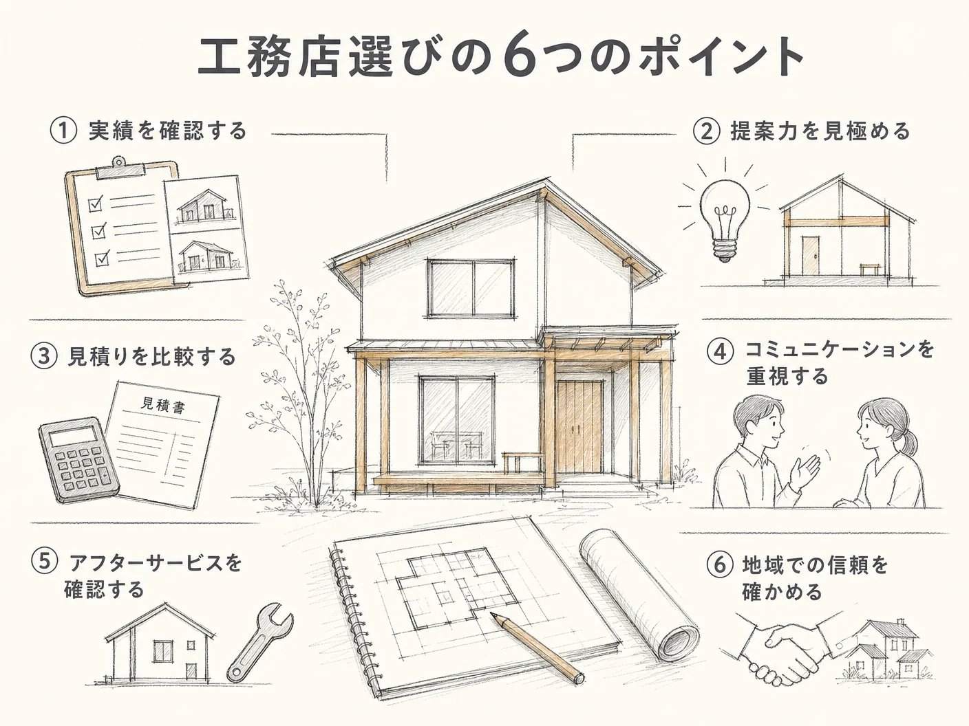 姫路市で後悔しない工務店の選び方6つのポイントを表す図解イラスト