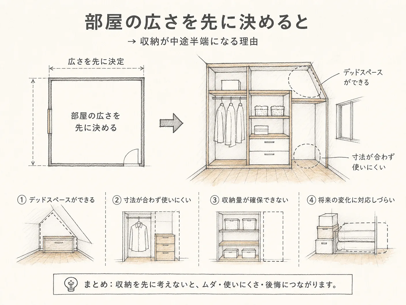 造作収納 決め方の部屋の広さを先に決めると収納が中途半端になる理由を表す図解イラスト