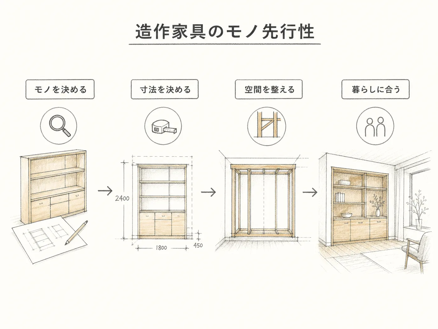 造作収納 部屋の広さ 決め方の造作家具はオーダーメイドだからこそ「モノ先行」が前提になるを表す図解イラスト