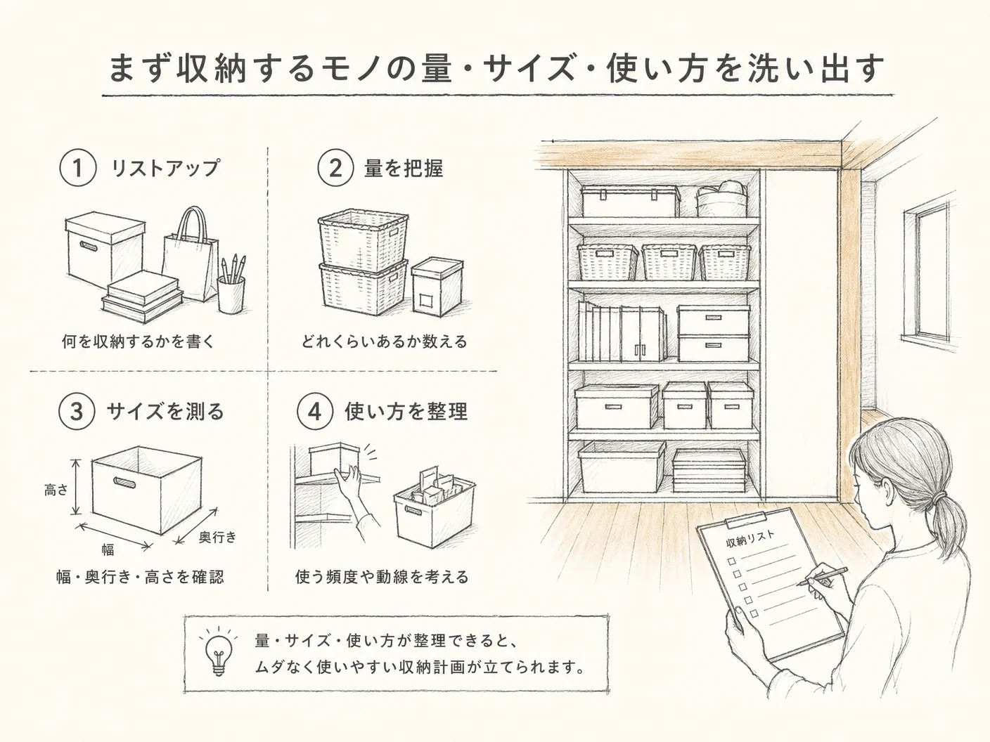 造作収納 部屋の広さ 決め方のまず収納するモノの量・サイズ・使い方を洗い出すを表す図解イラスト