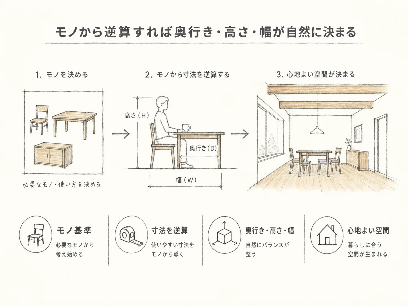 造作収納 部屋の広さ 決め方のモノから逆算すれば奥行き・高さ・幅が自然に決まるを表す図解イラスト