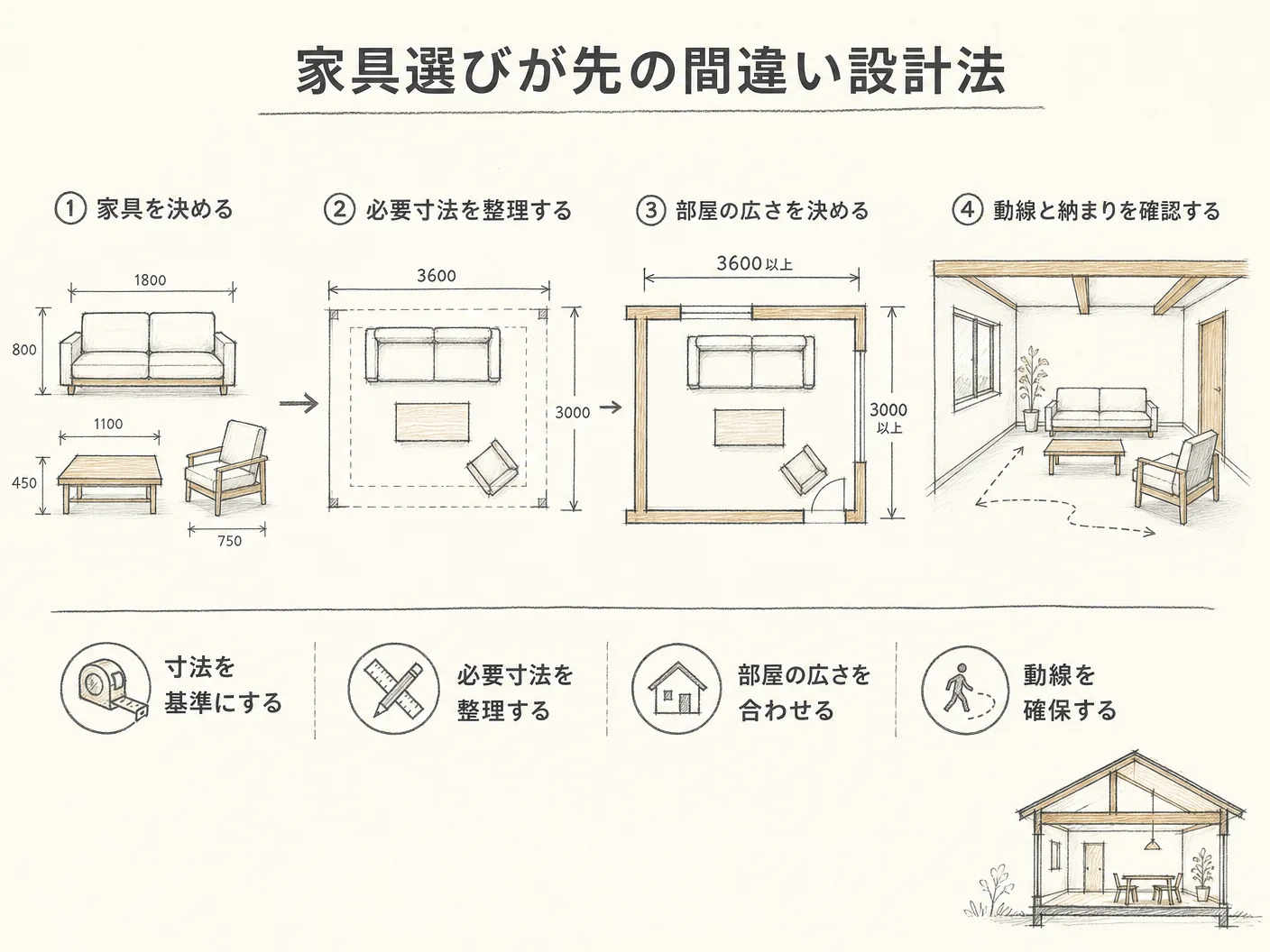 造作収納 決め方の家具寸法が固まってから部屋の広さを合わせる正しい順序を表す図解イラスト