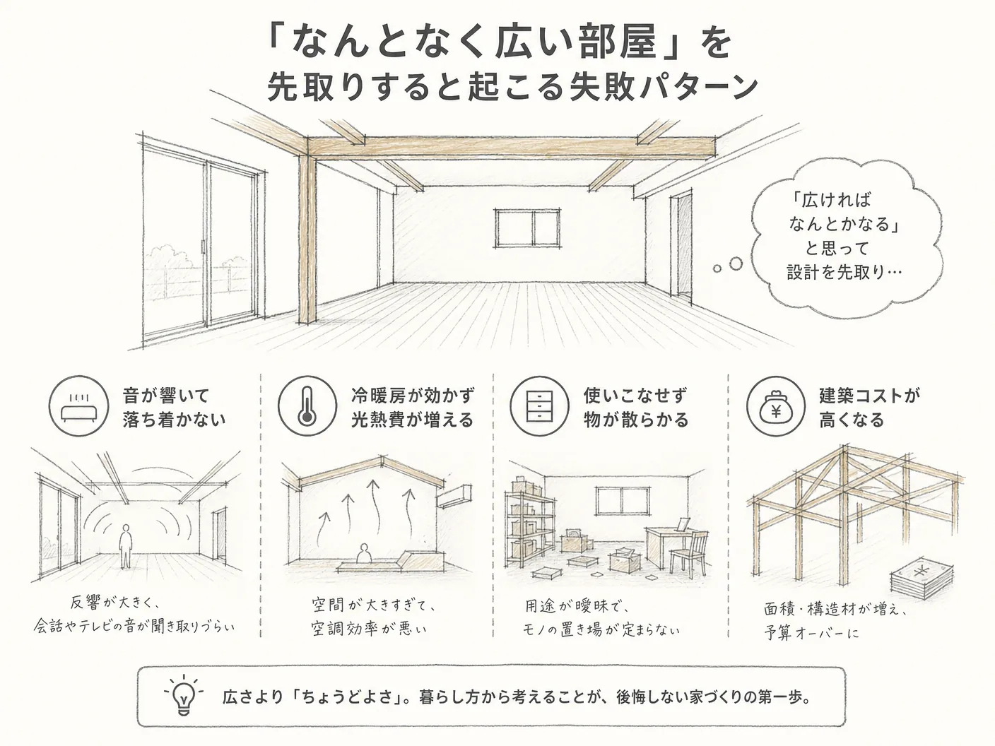 造作収納 部屋の広さ 決め方の「なんとなく広い部屋」を先取りすると起こる失敗パターンを表す図解イラスト