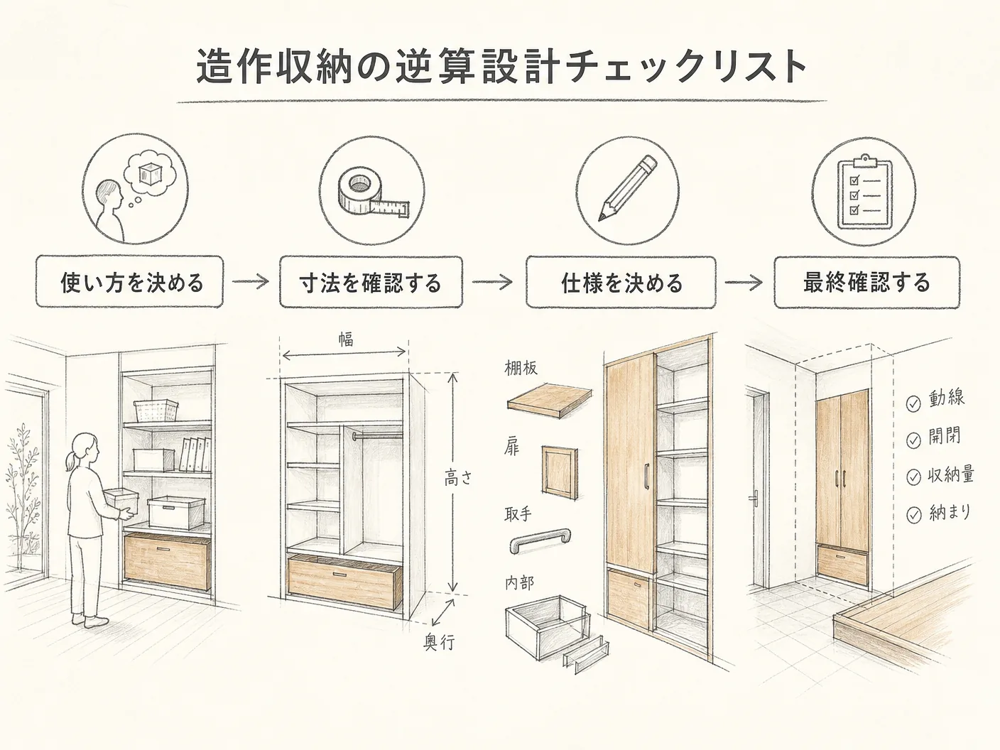 部屋の広さ 決め方の造作収納を成功させるための逆算設計チェックリストを表す図解イラスト