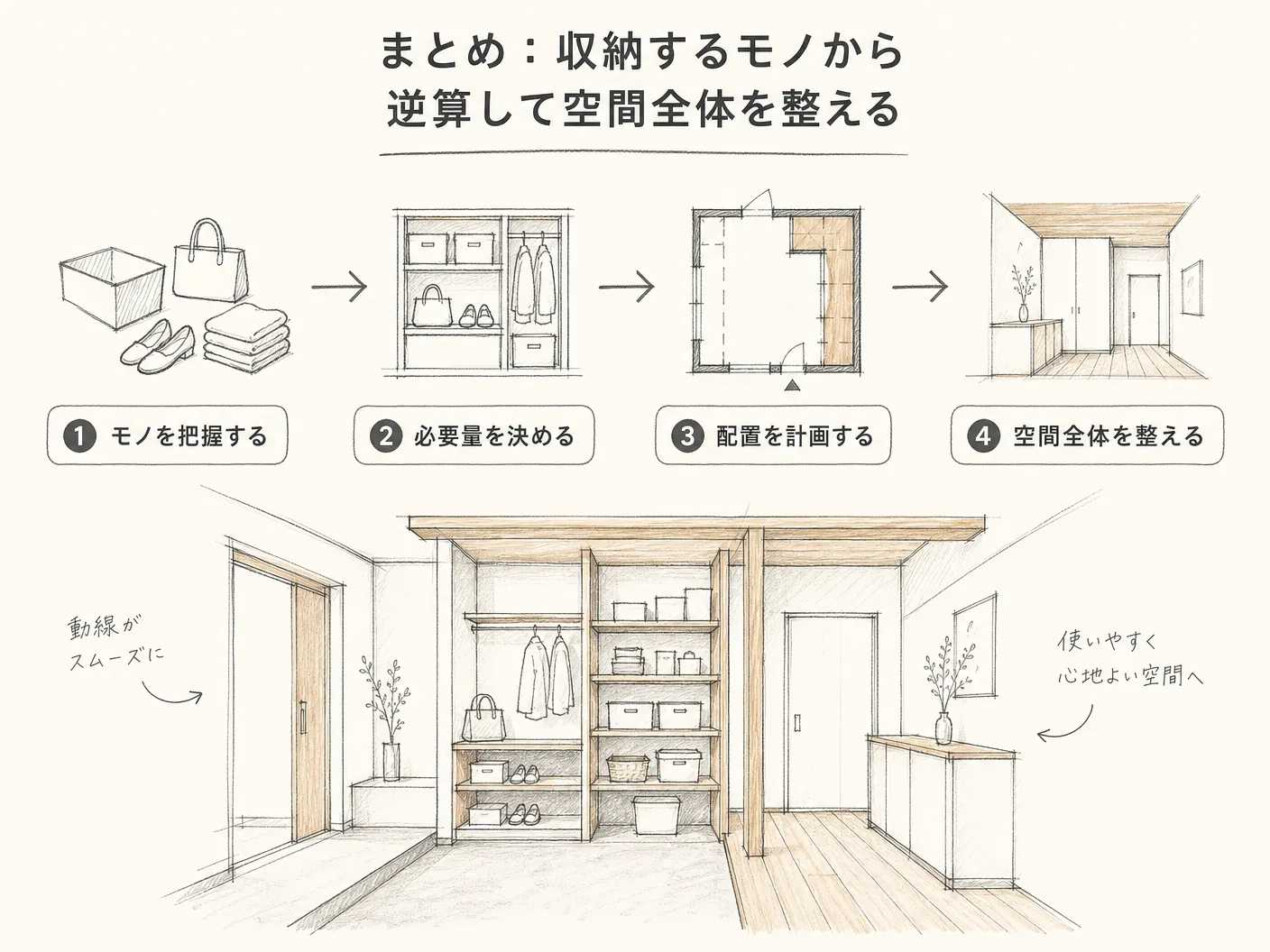 造作収納 部屋の広さ 決め方のまとめ:収納するモノから逆算して空間全体を整えるを表す図解イラスト