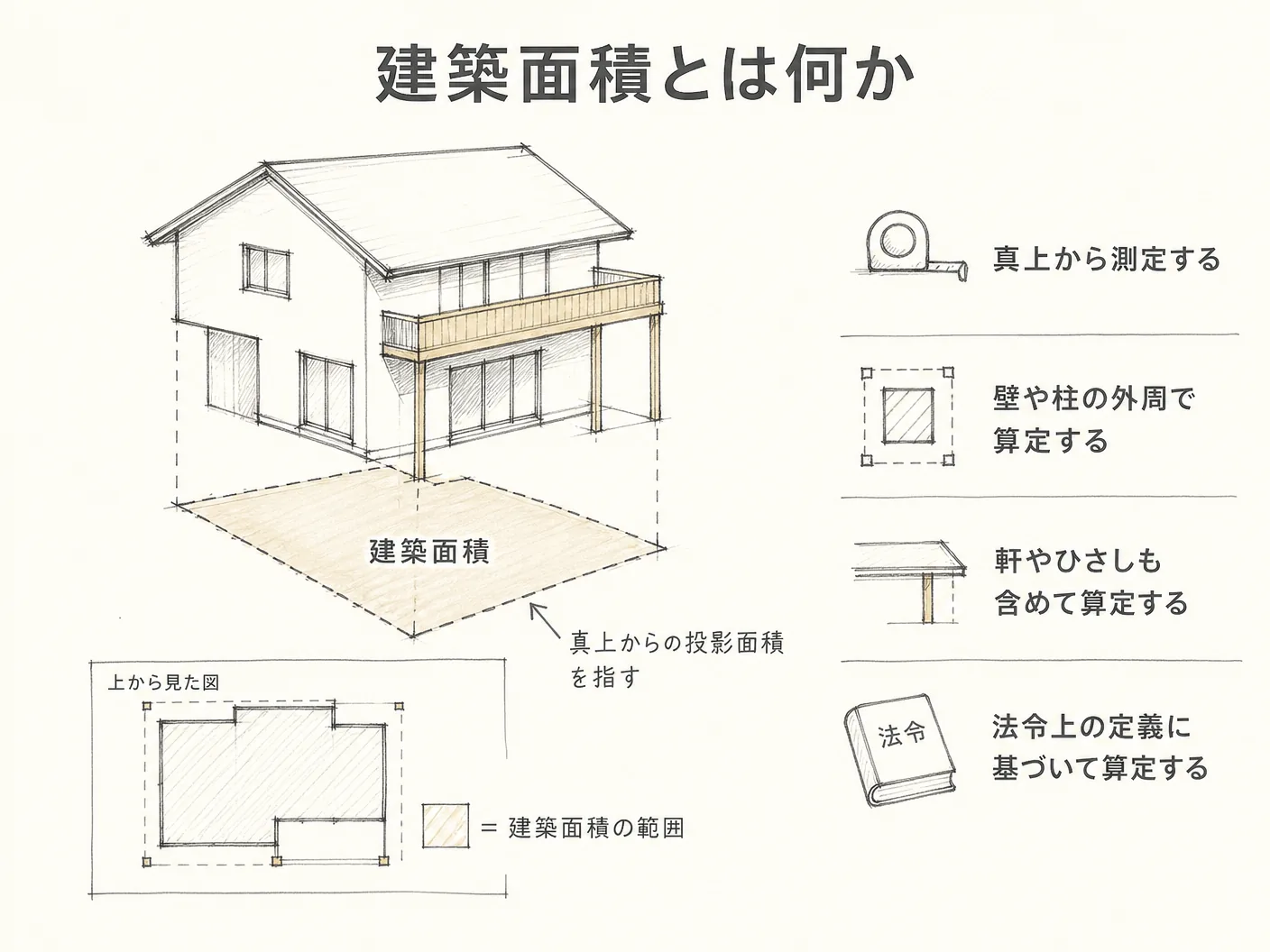 注文住宅 軒の出の建築面積とは何か|法令上の定義を押さえるを表す図解イラスト