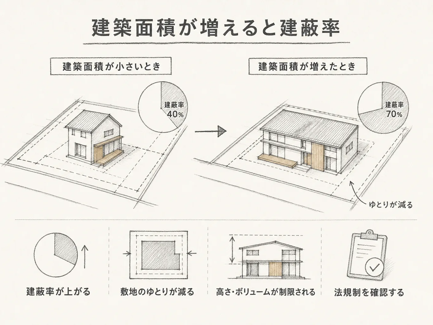 注文住宅 軒の出の建築面積が増えると建蔽率・敷地計画にどう影響するかを表す図解イラスト
