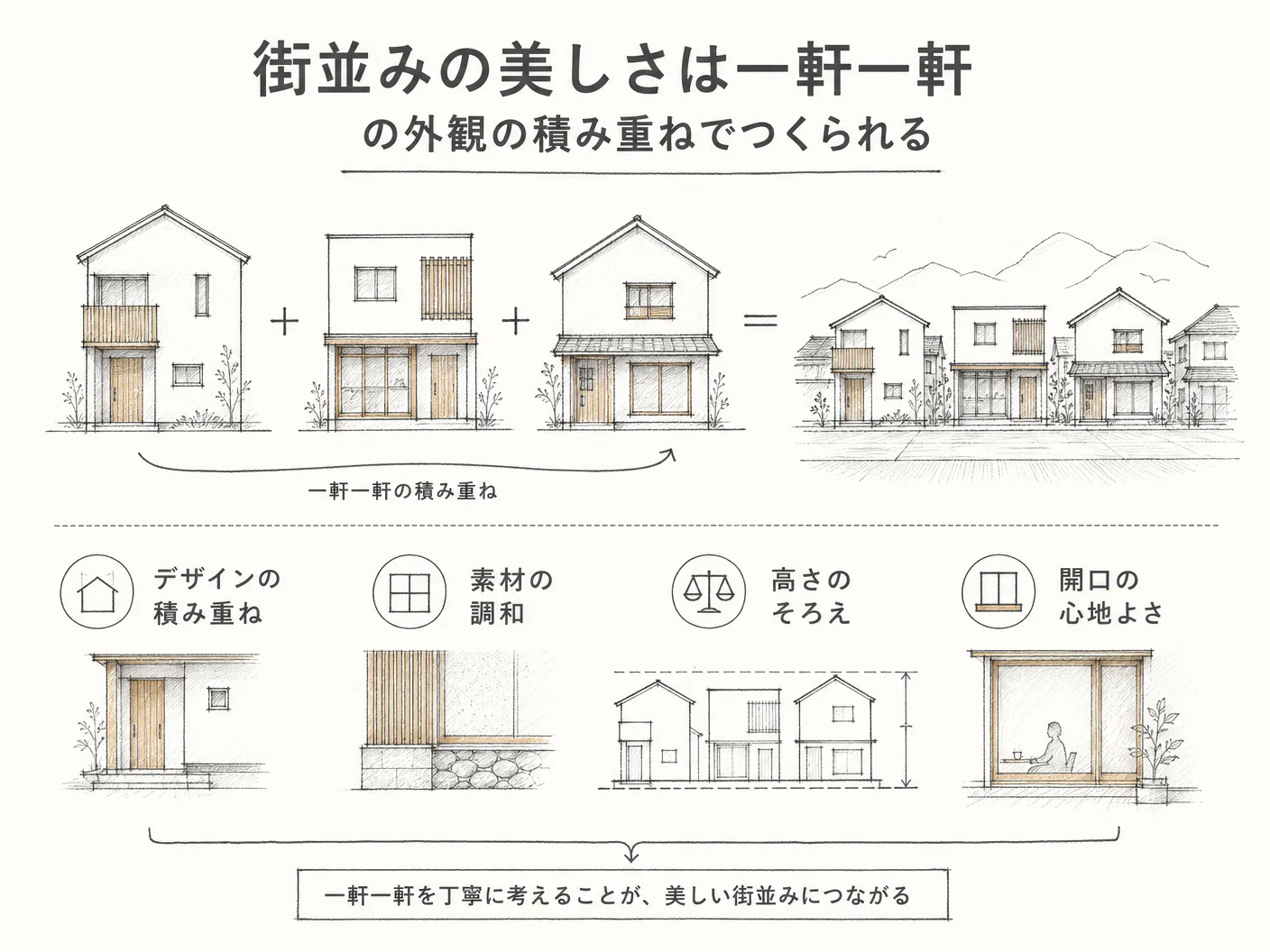 注文住宅 景観の街並みの美しさは一軒一軒の外観の積み重ねでつくられるを表す図解イラスト