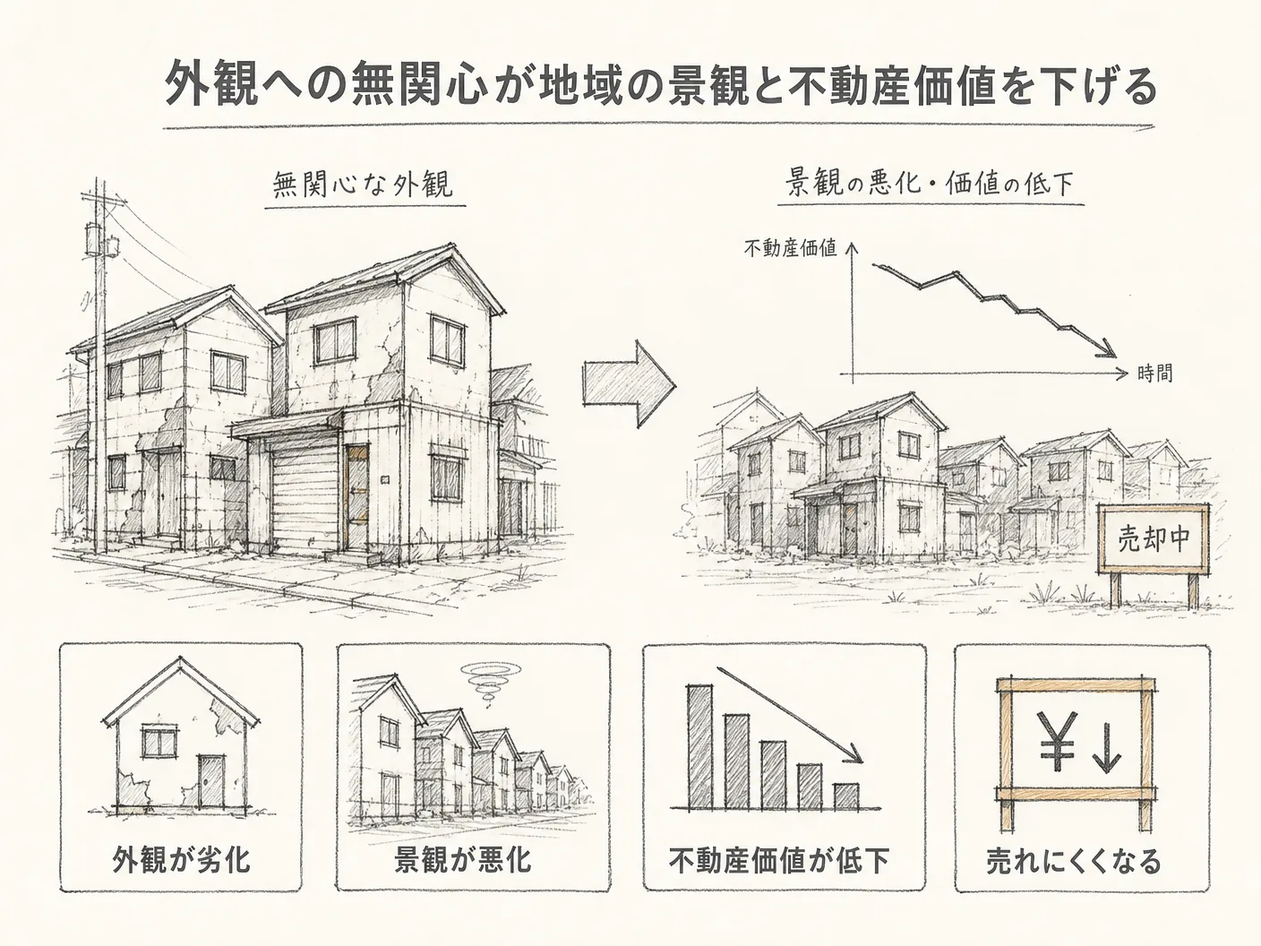 注文住宅の外観への無関心が地域の景観と不動産価値を下げるを表す図解イラスト