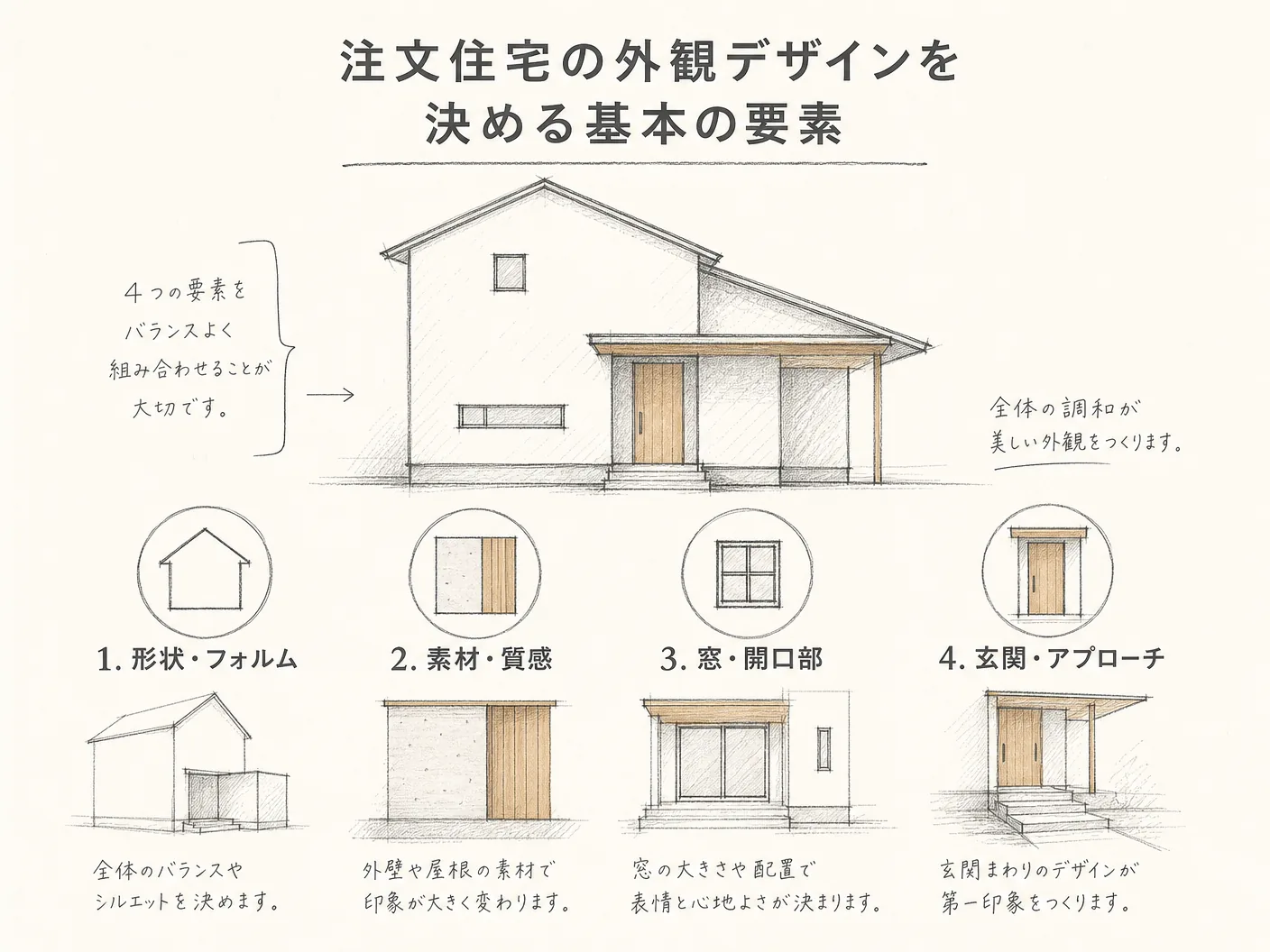 景観の注文住宅の外観デザインを決める基本の要素を表す図解イラスト