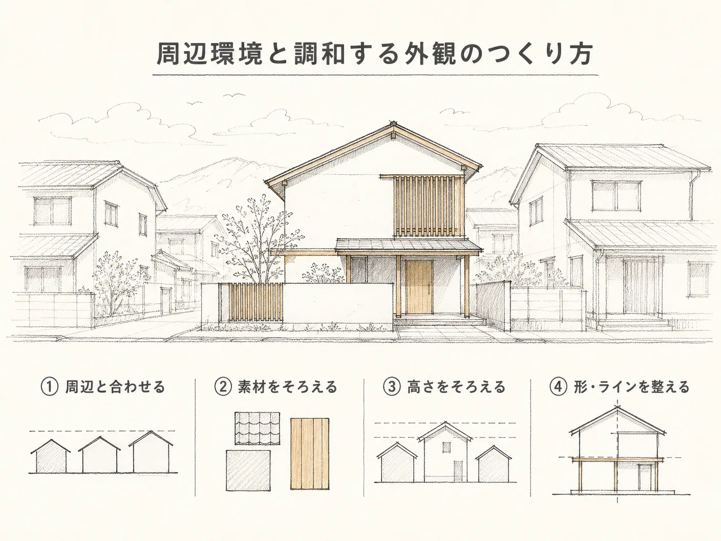 注文住宅 景観の周辺環境と調和する外観のつくり方を表す図解イラスト